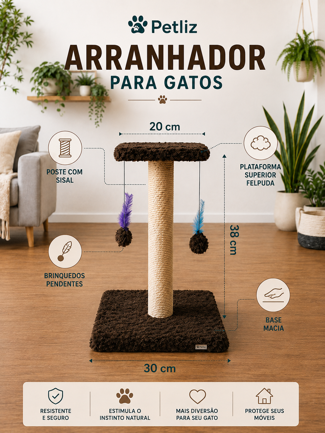 Arranhador para Gatos com Duas Bases e Brinquedos Suspensos - Imagem 2