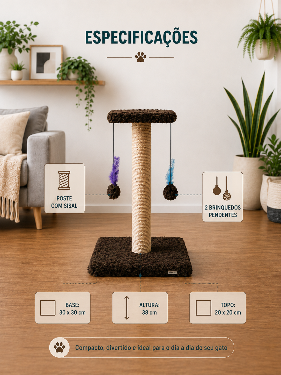 Arranhador para Gatos com Duas Bases e Brinquedos Suspensos - Imagem 4
