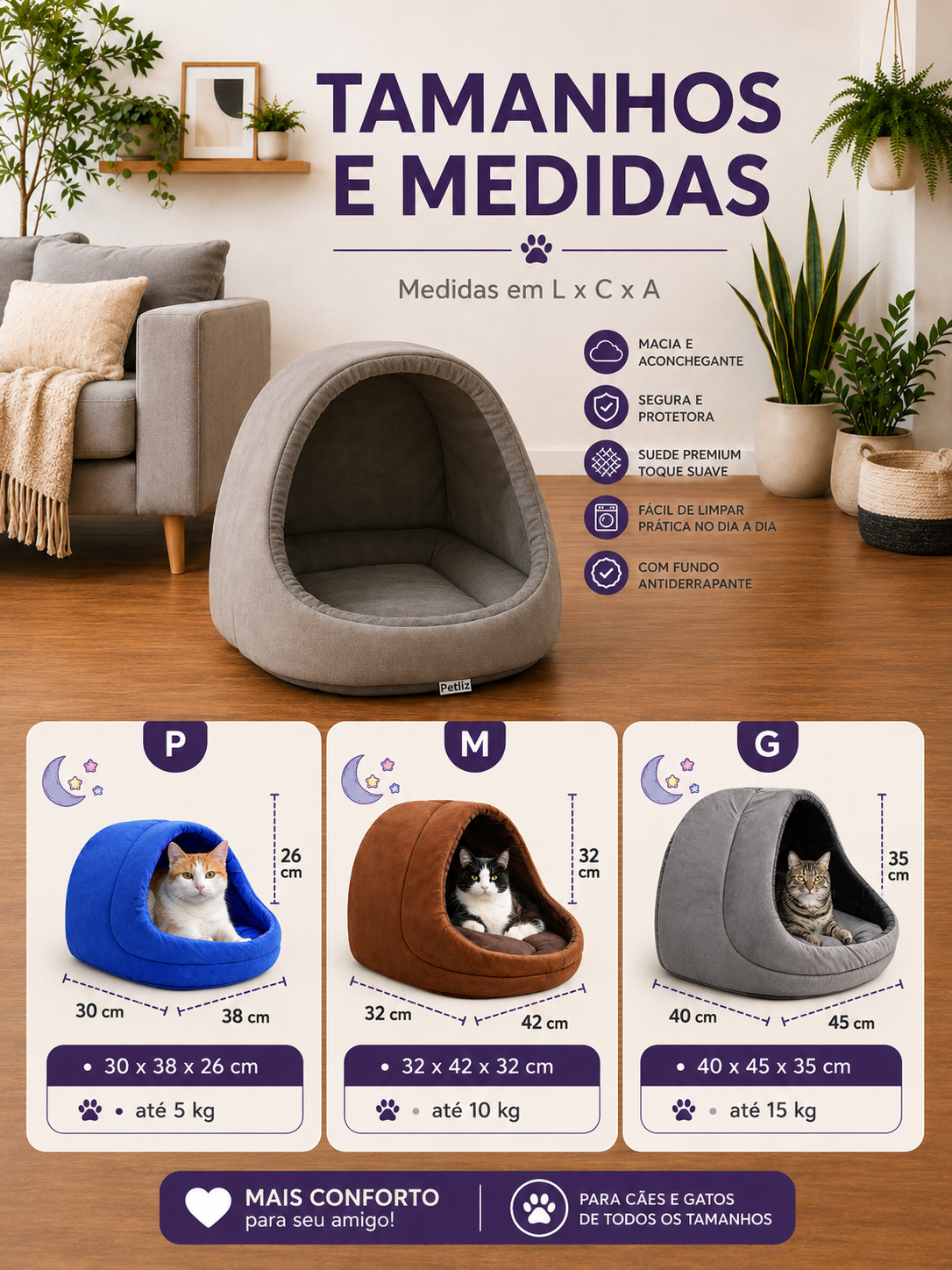 Toca Iglu Pet Acolchoada para Cães e Gatos - Imagem 5