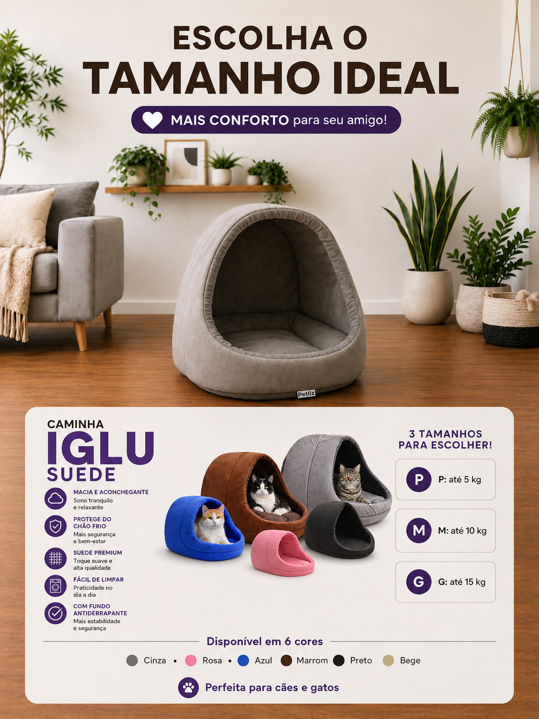 Toca Iglu Pet Acolchoada para Cães e Gatos - Imagem 6