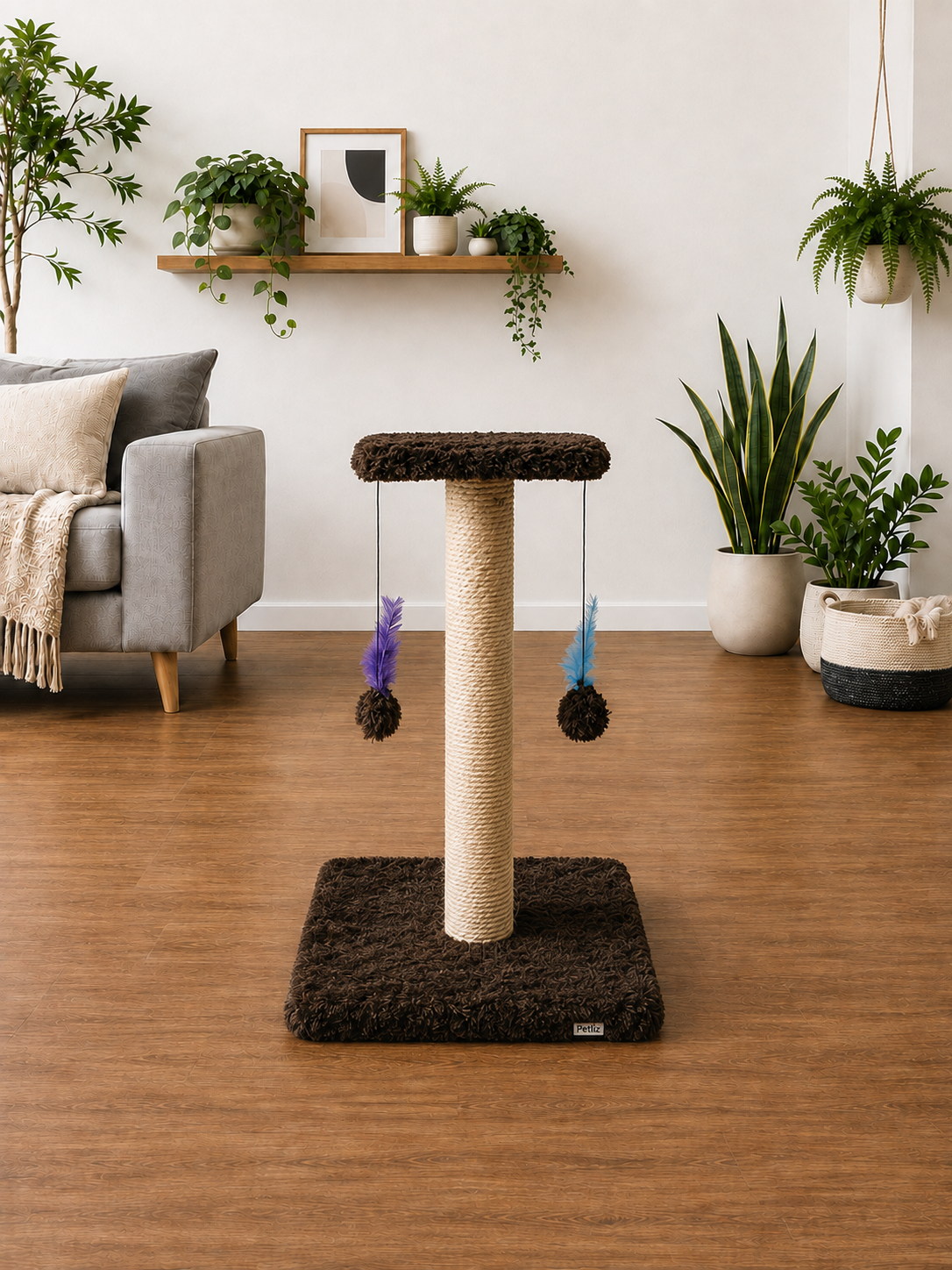 Arranhador para Gatos com Duas Bases e Brinquedos Suspensos