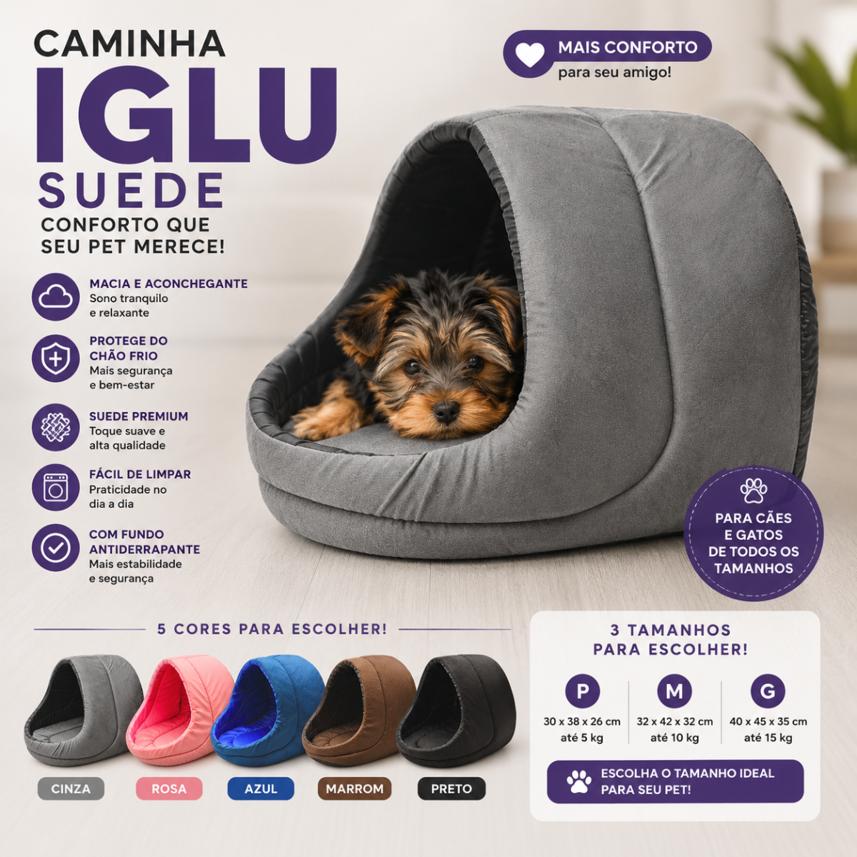 Toca Iglu Pet Acolchoada para Cães e Gatos - Imagem 2