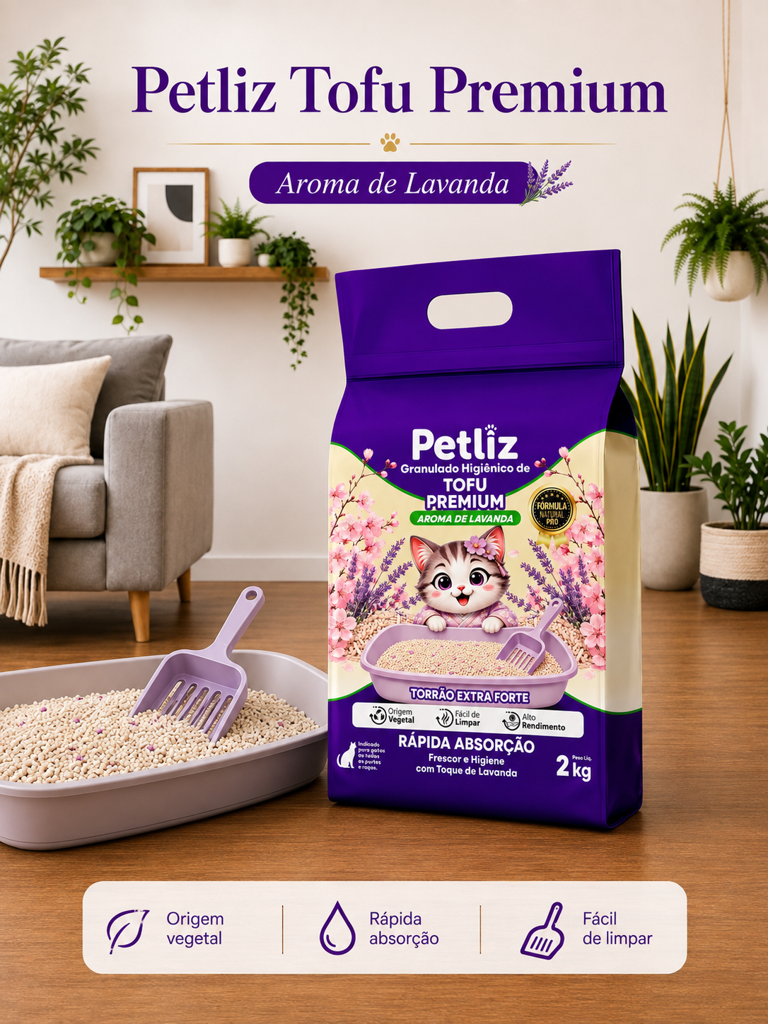 Granulado Petliz Tofu Premium Lavanda 2kg - Imagem 2