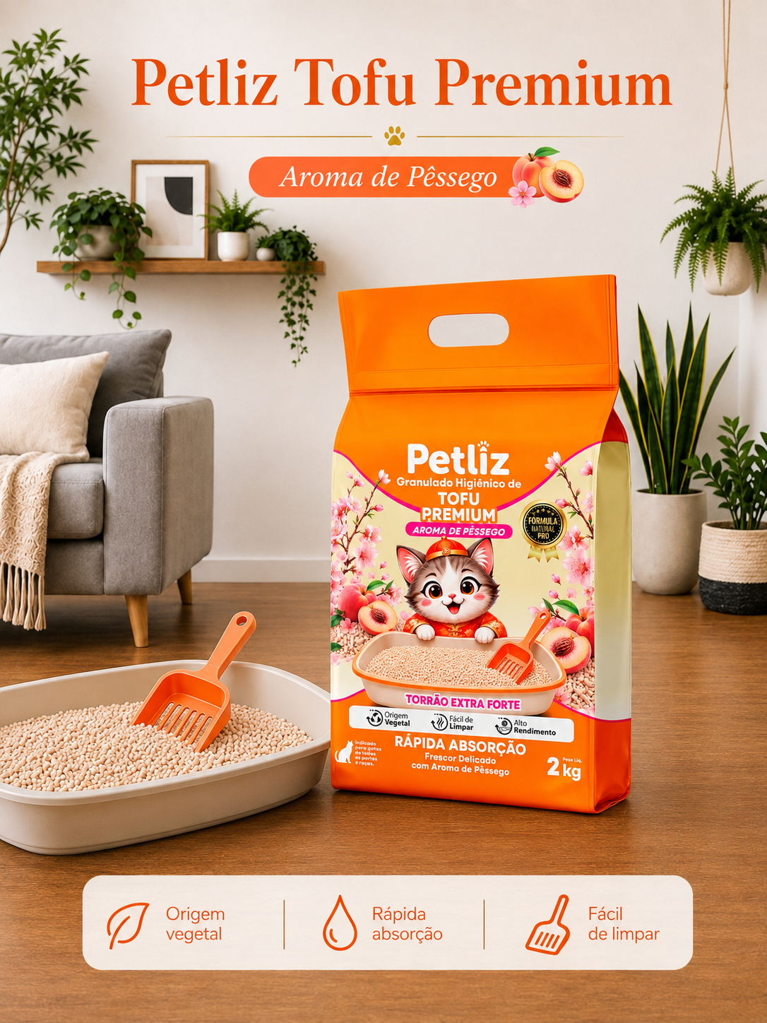 Granulado Petliz Tofu Premium Pêssego 2kg - Imagem 3