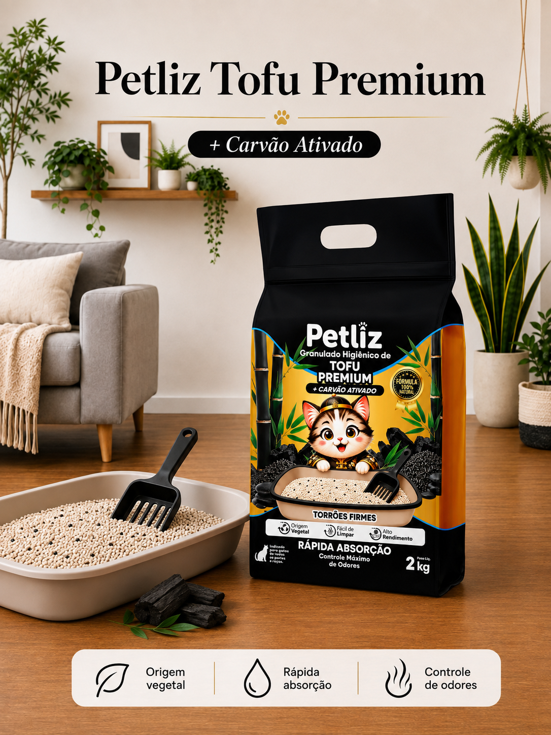 Granulado Petliz Tofu Premium + Carvão 2kg - Imagem 2