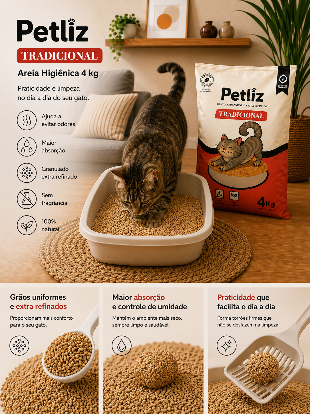 Areia Higiênica Petliz Tradicional 4 kg - Imagem 3