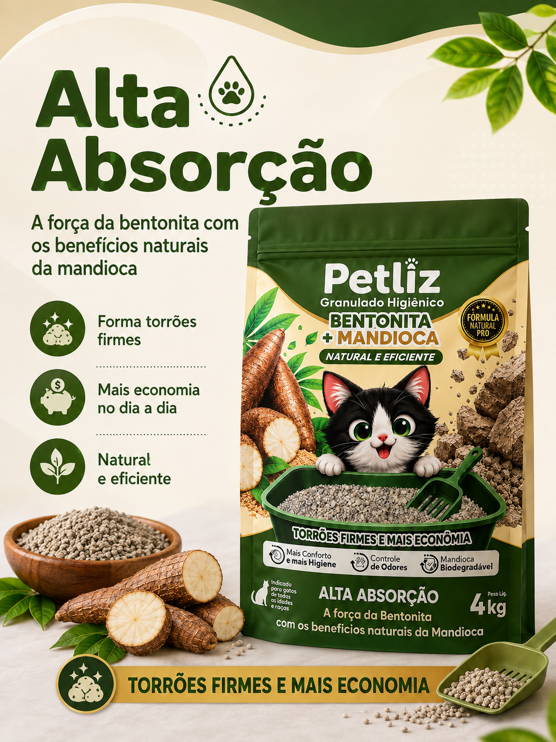 Areia Petliz Bentonita + Mandioca 4kg - Imagem 3