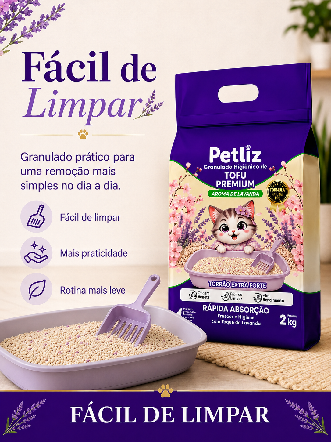 Granulado Petliz Tofu Premium Lavanda 2kg - Imagem 3