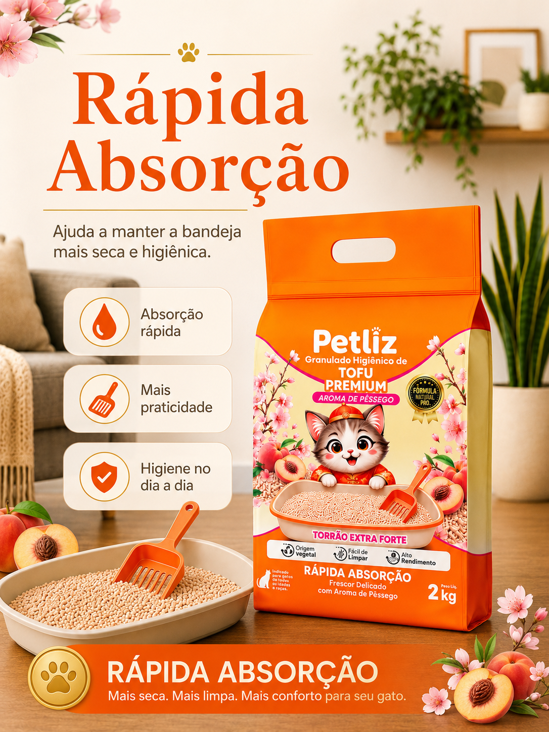 Granulado Petliz Tofu Premium Pêssego 2kg - Imagem 4