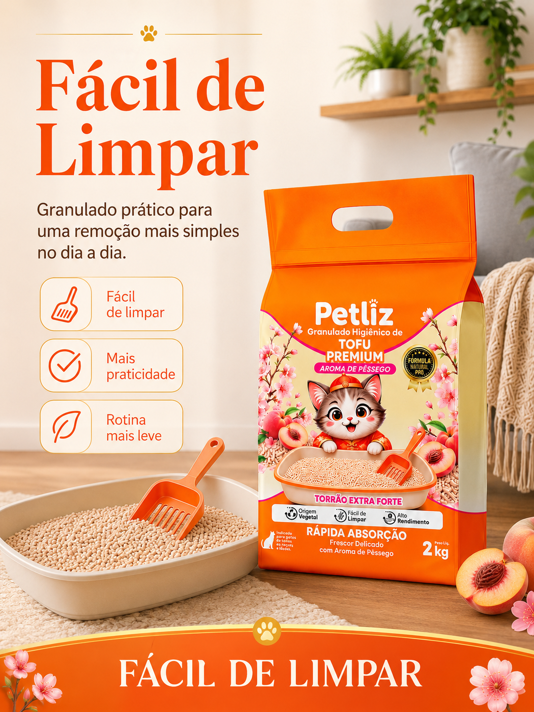 Granulado Petliz Tofu Premium Pêssego 2kg - Imagem 5