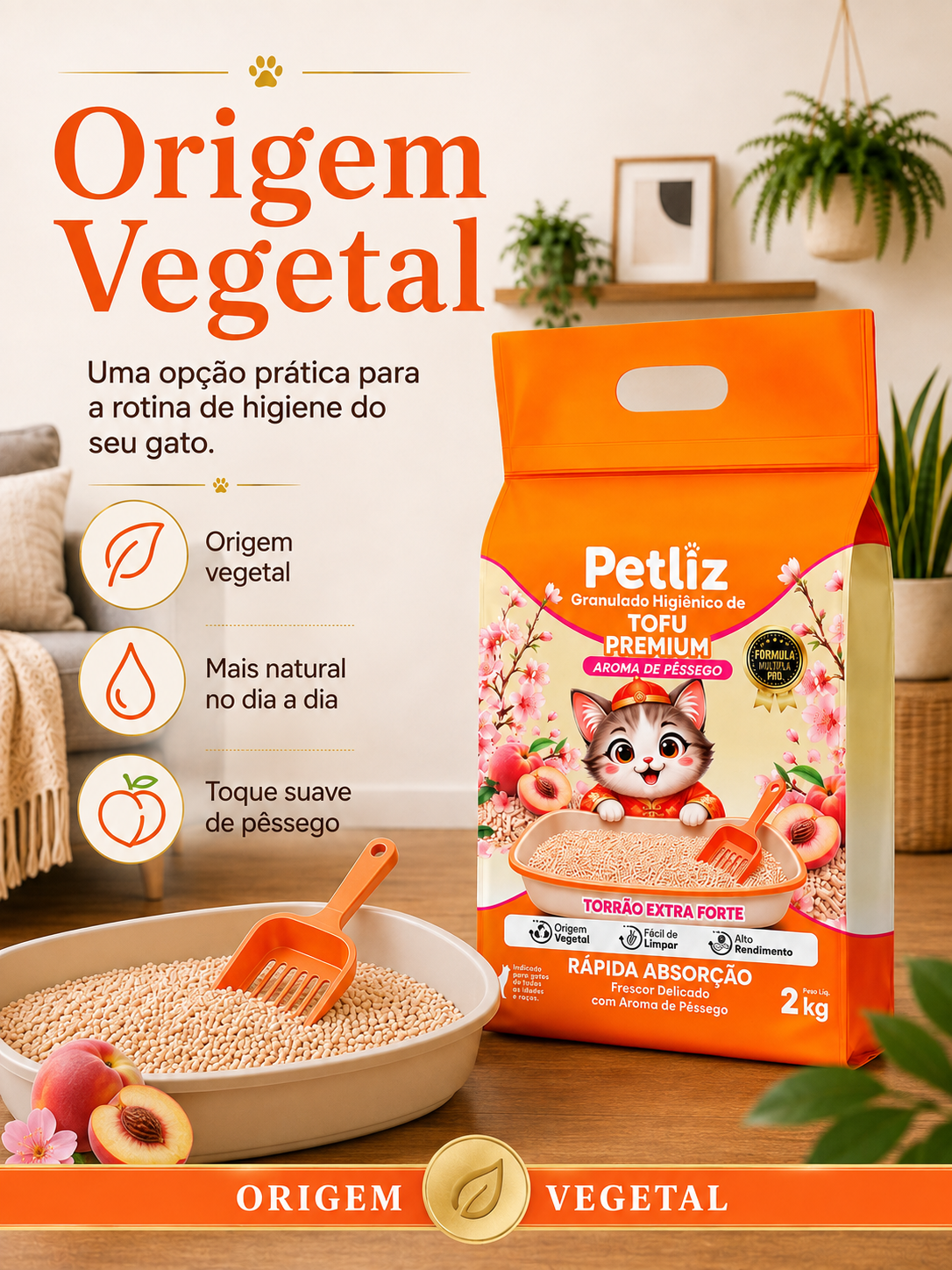 Granulado Petliz Tofu Premium Pêssego 2kg - Imagem 6