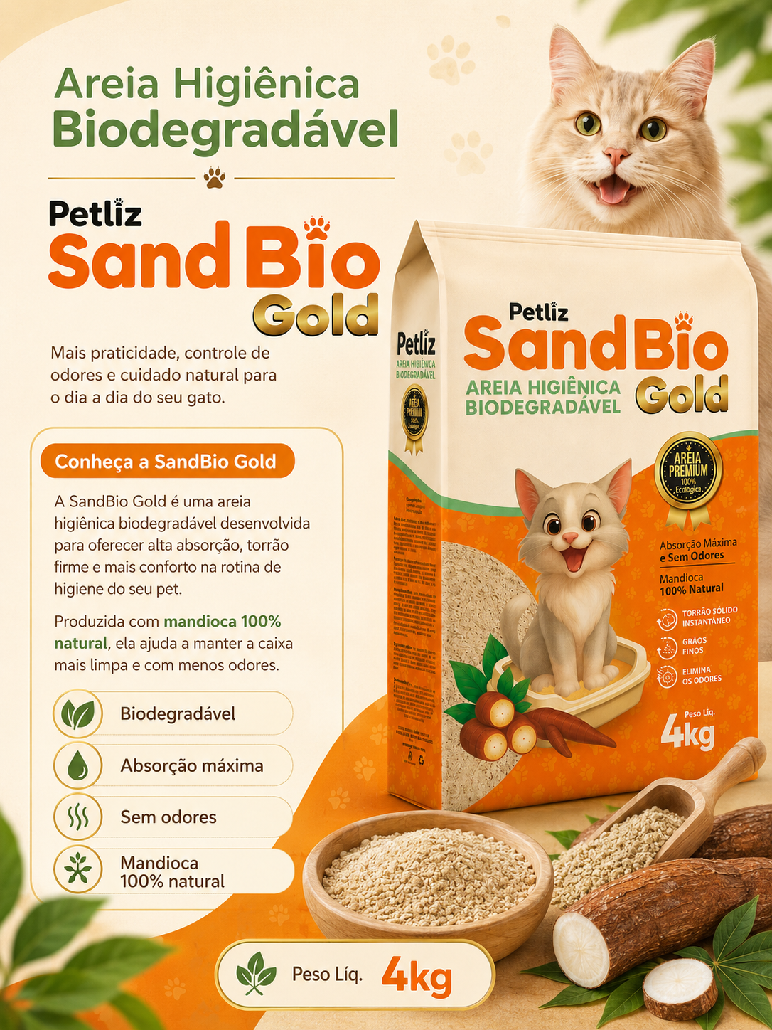 Areia Petliz SandBio Gold Mandioca 4kg - Imagem 3