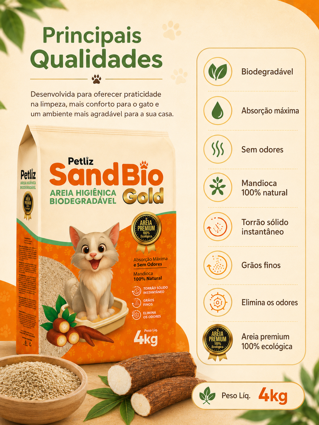 Areia Petliz SandBio Gold Mandioca 4kg - Imagem 4