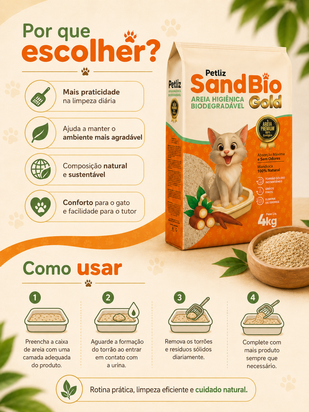 Areia Petliz SandBio Gold Mandioca 4kg - Imagem 5