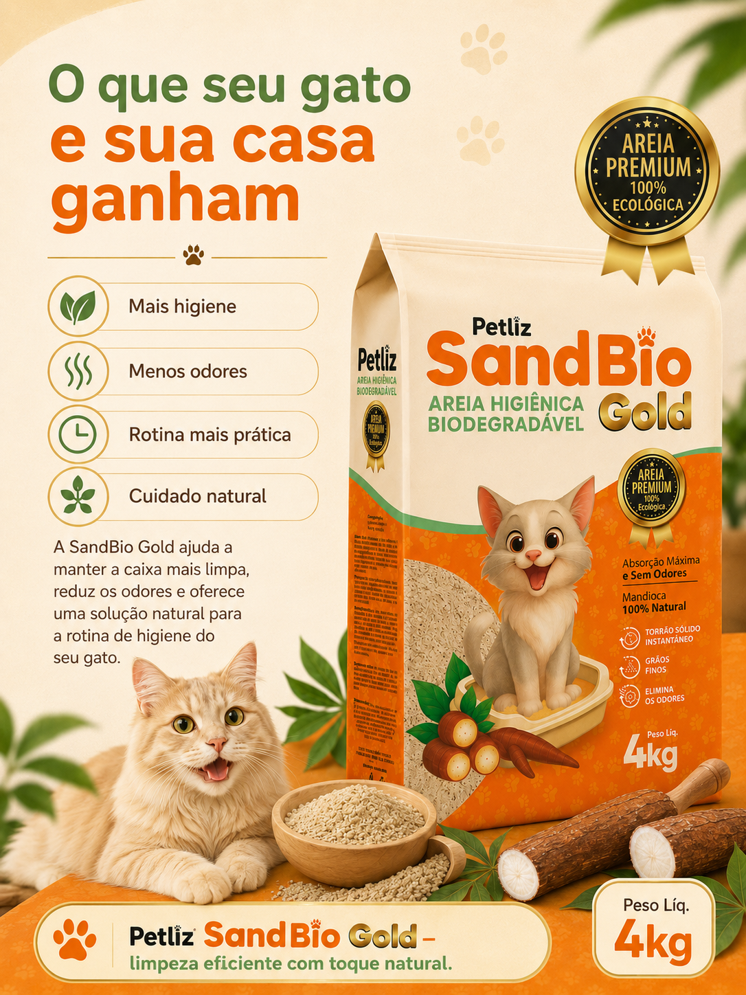 Areia Petliz SandBio Gold Mandioca 4kg - Imagem 6