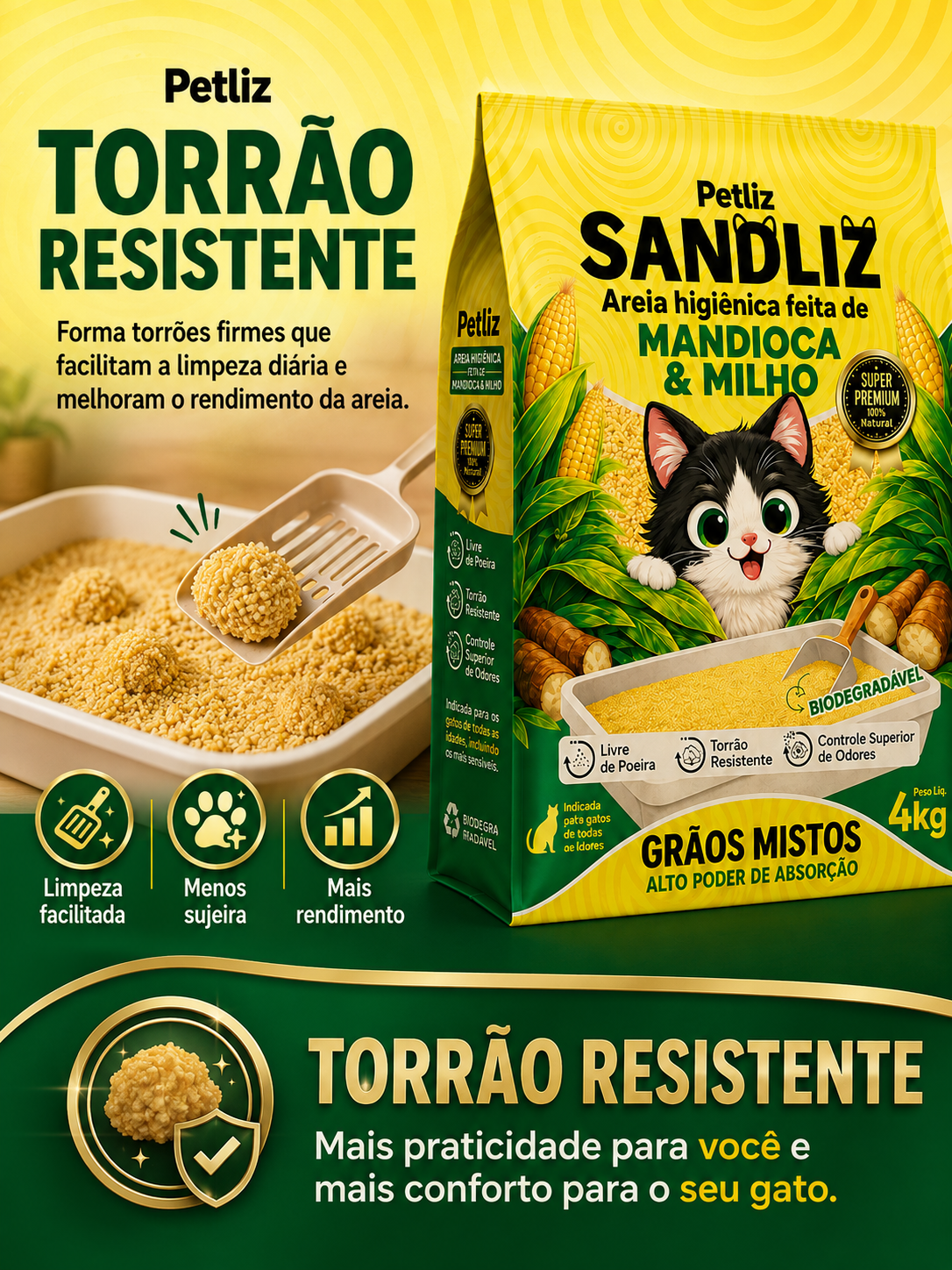 Areia Petliz Sandliz Mandioca + Milho Grãos Mistos - Imagem 4