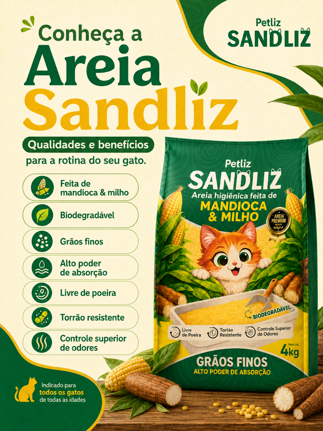 Areia Petliz Sandliz Mandioca + Milho Grãos Finos - Imagem 5
