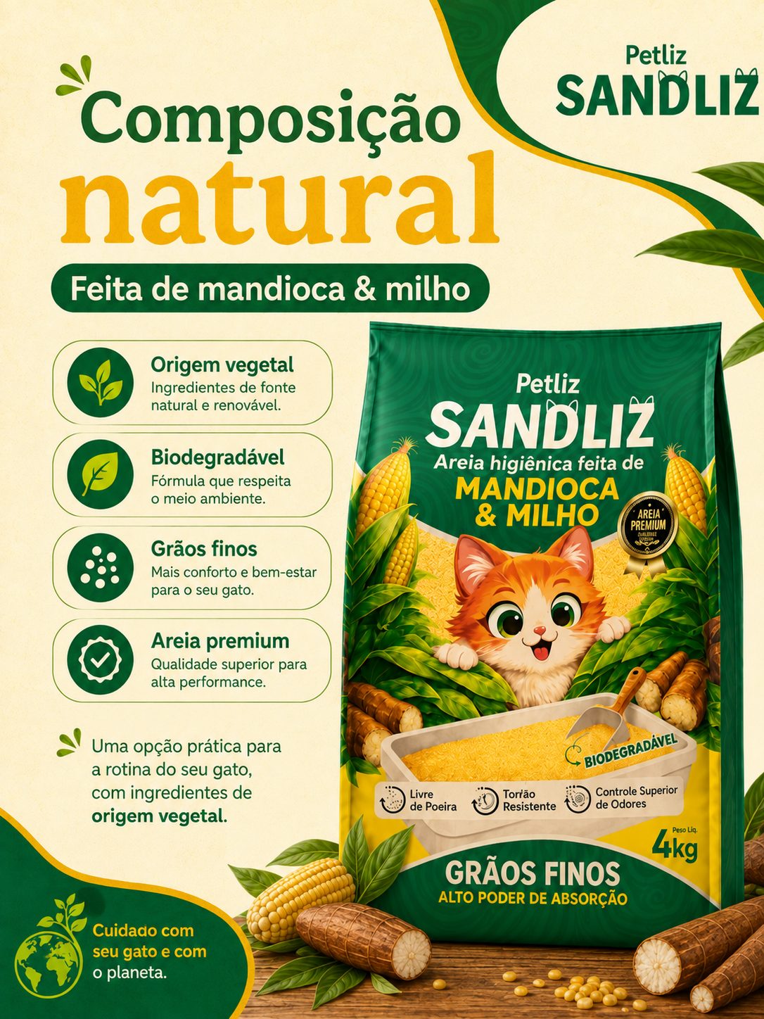 Areia Petliz Sandliz Mandioca + Milho Grãos Finos - Imagem 3