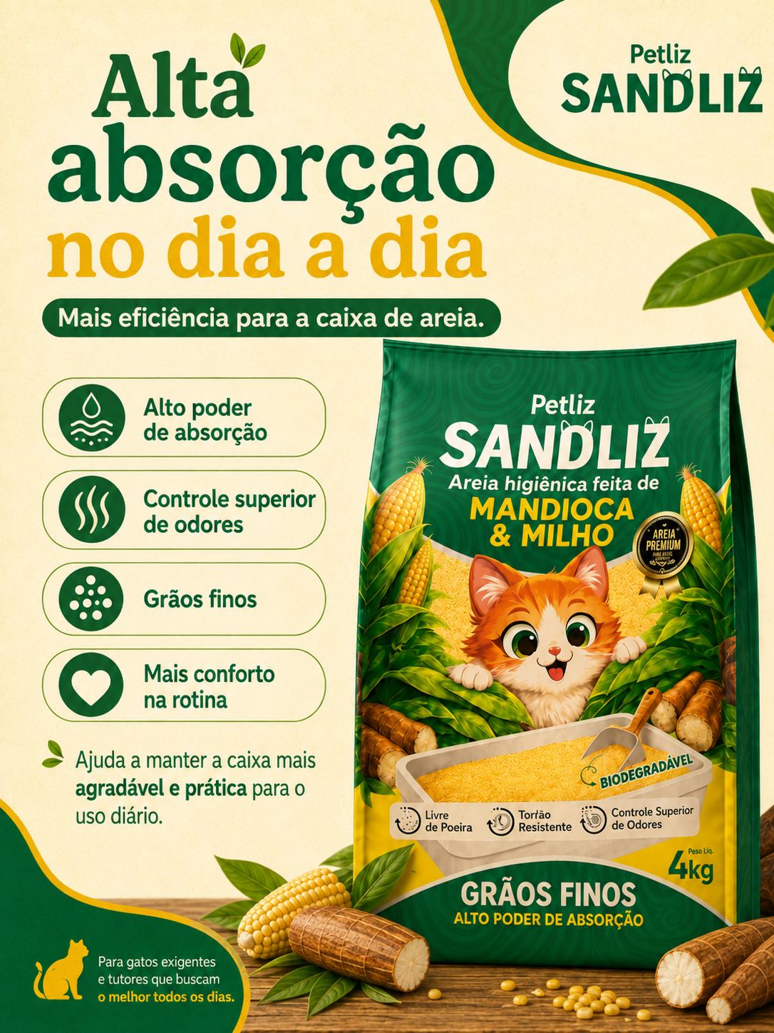 Areia Petliz Sandliz Mandioca + Milho Grãos Finos - Imagem 4