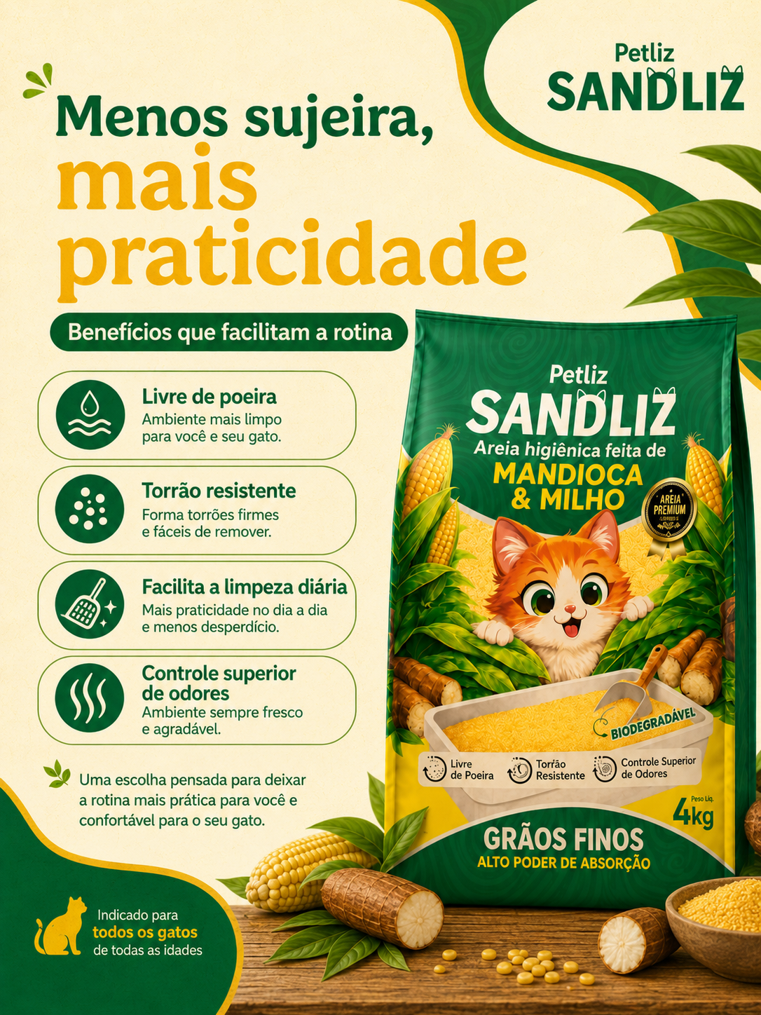 Areia Petliz Sandliz Mandioca + Milho Grãos Finos - Imagem 6