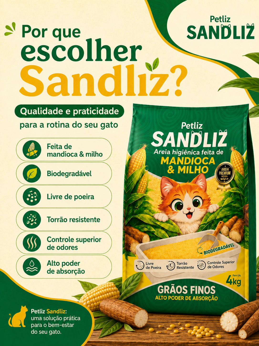 Areia Petliz Sandliz Mandioca + Milho Grãos Finos - Imagem 7