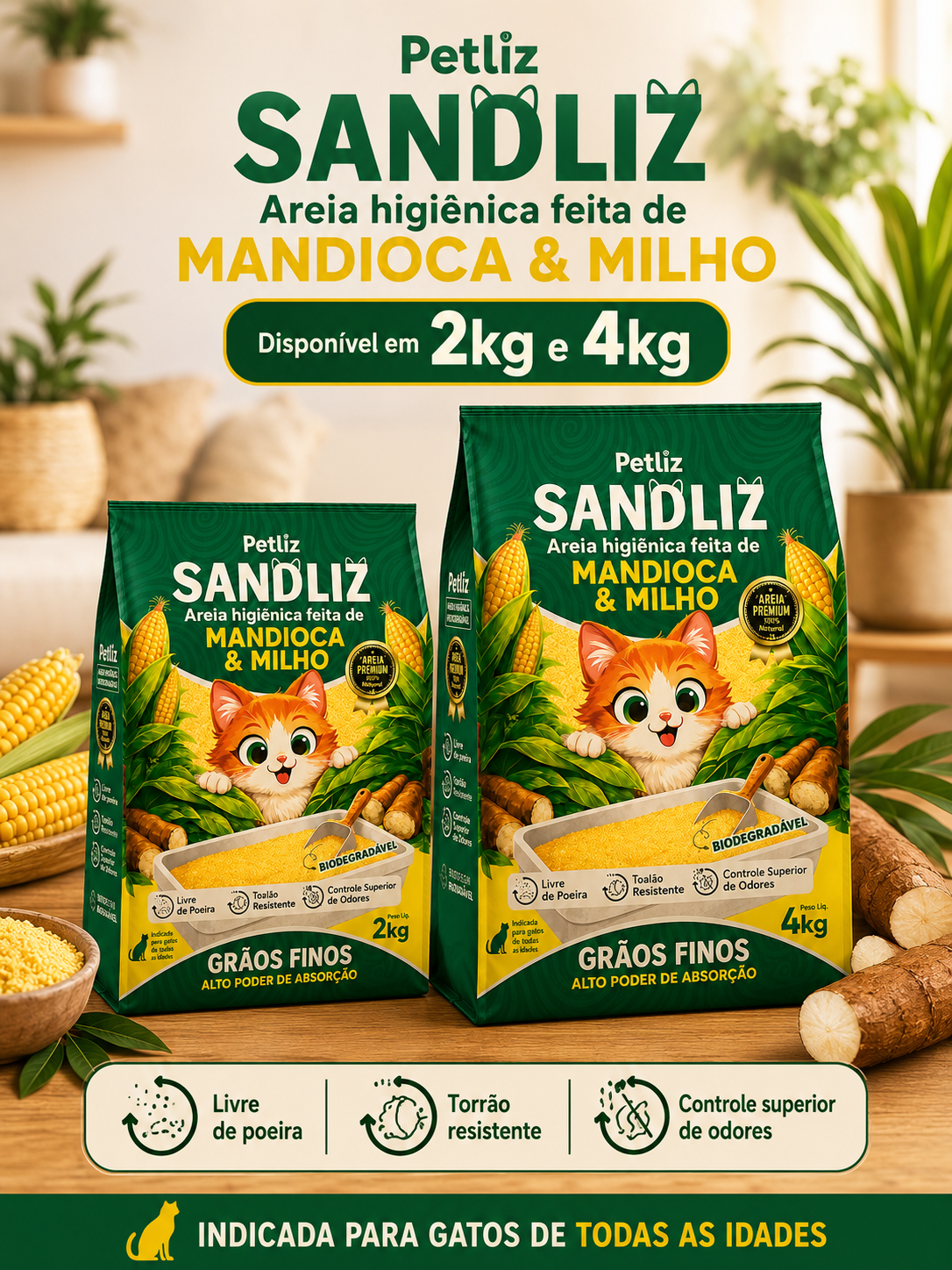 Areia Petliz Sandliz Mandioca + Milho Grãos Finos - Imagem 2