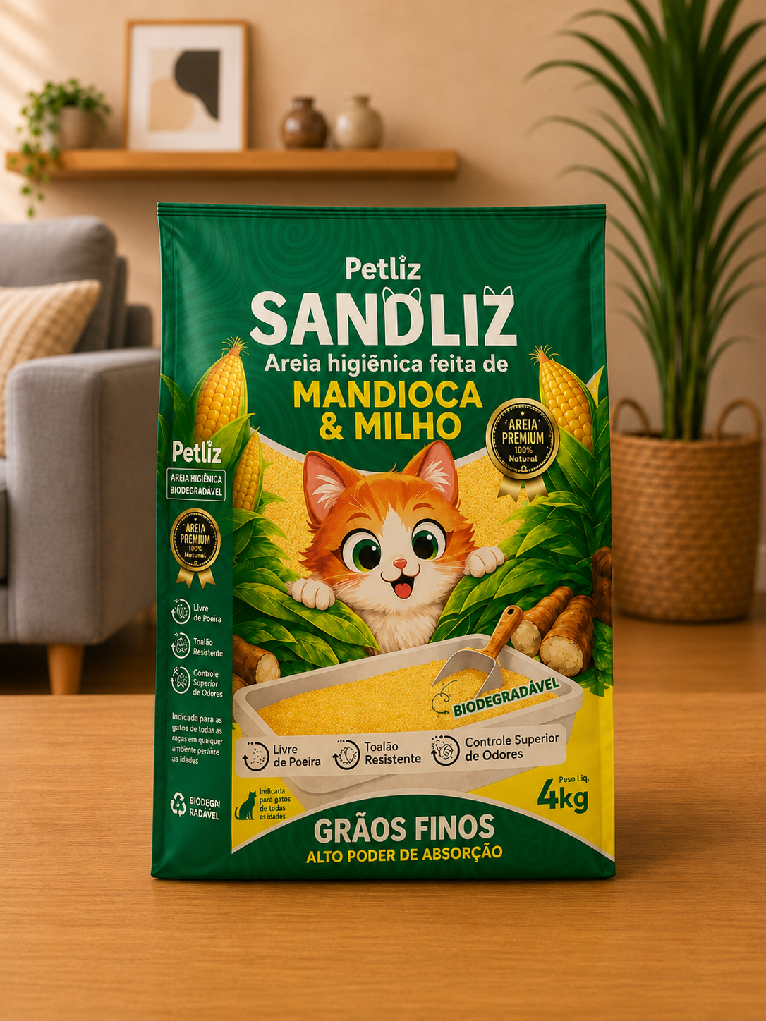 Areia Petliz Sandliz Mandioca + Milho Grãos Finos