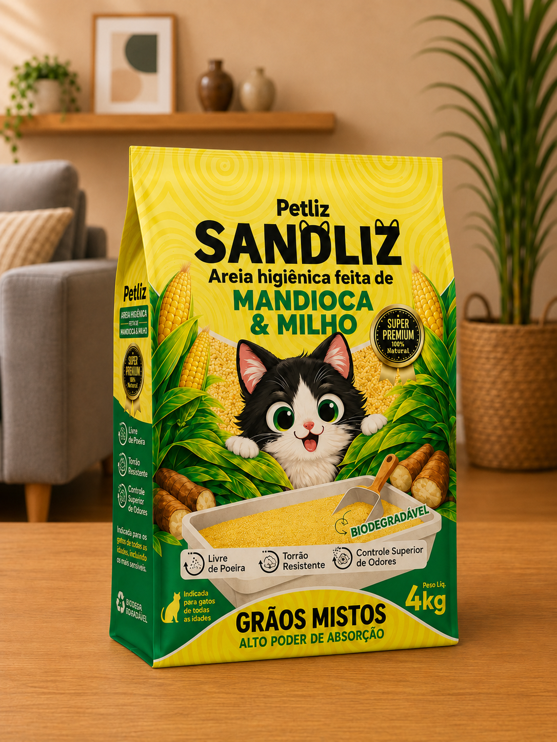 Areia Petliz Sandliz Mandioca + Milho Grãos Mistos