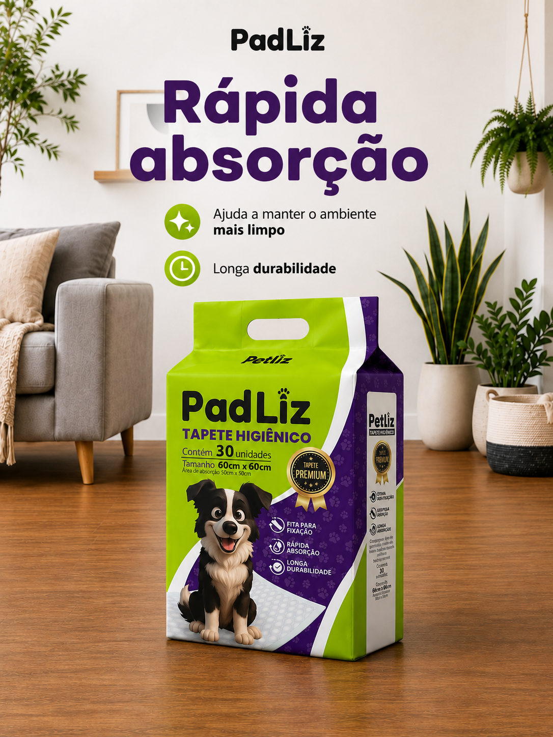 Tapete Higiênico Petliz PadLiz Premium 60x60cm – 30 Unidades - Imagem 4
