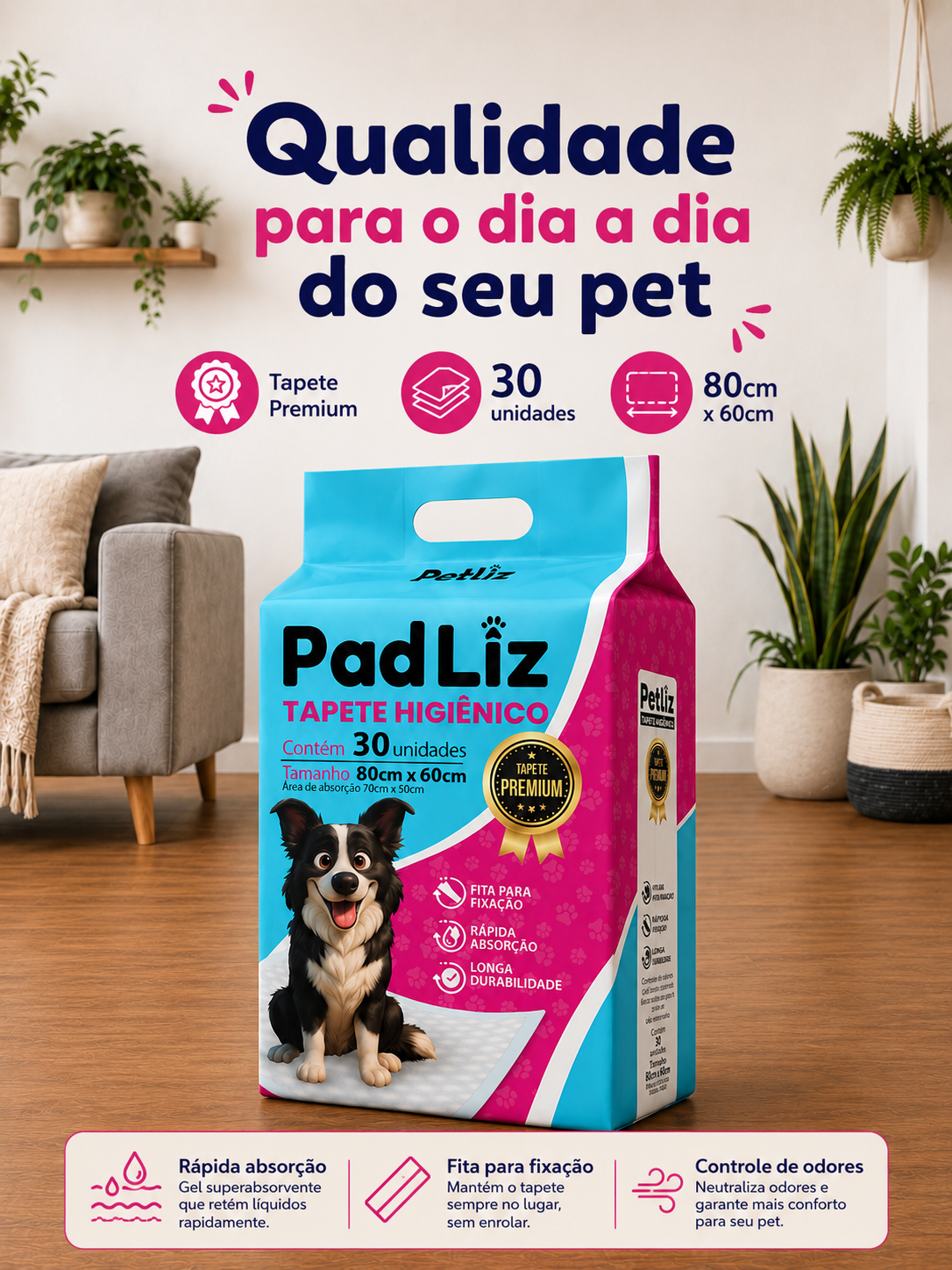 Tapete Higiênico Petliz PadLiz Premium 80x60cm – 30 Unidades - Imagem 3