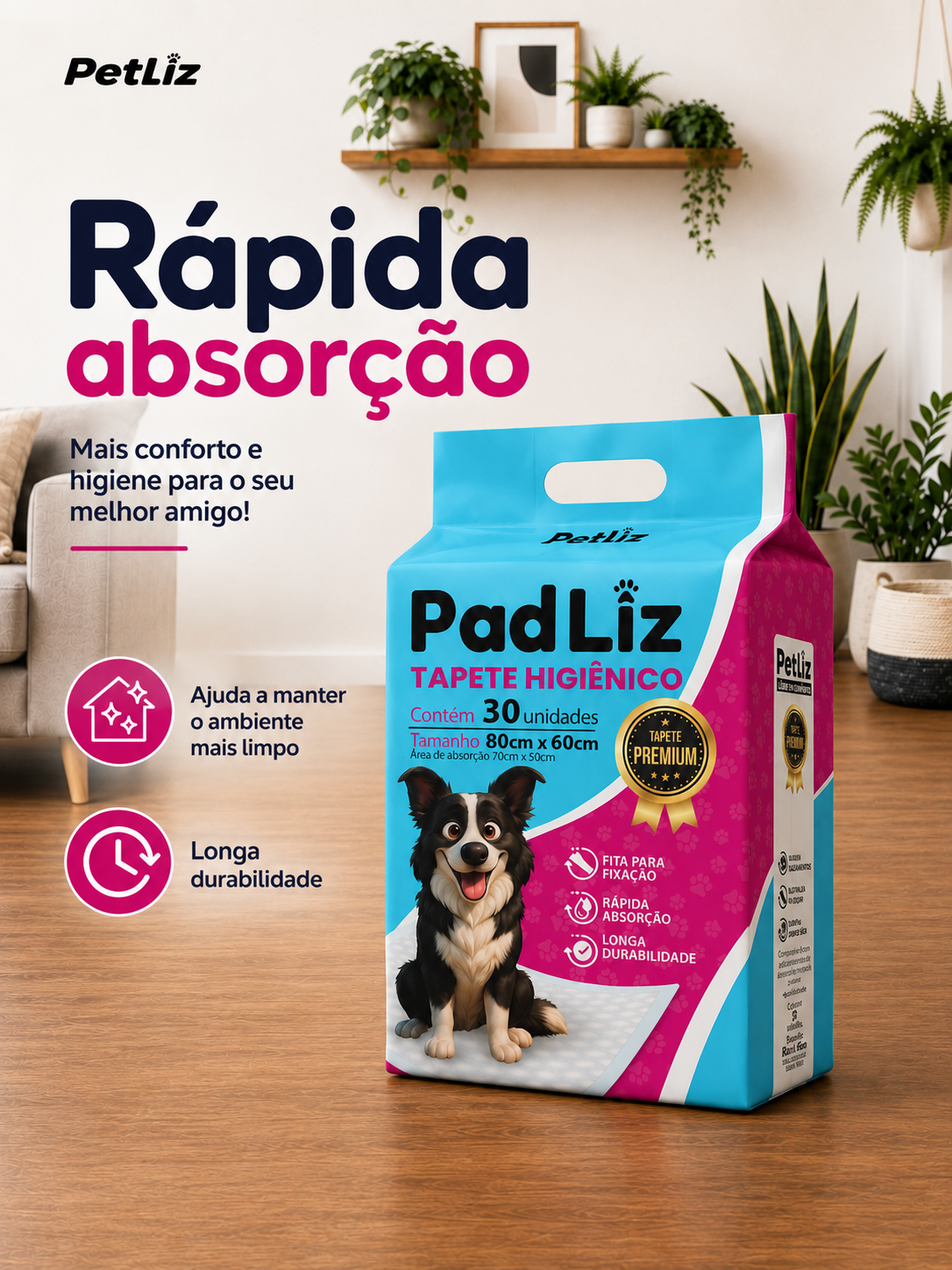 Tapete Higiênico Petliz PadLiz Premium 80x60cm – 30 Unidades - Imagem 4