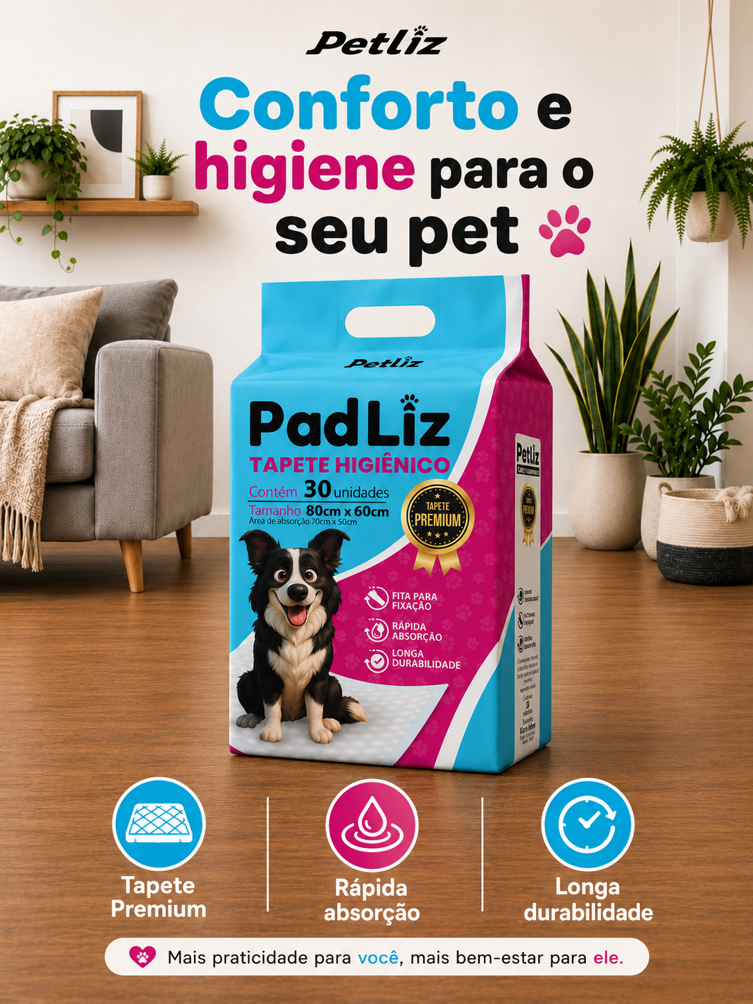 Tapete Higiênico Petliz PadLiz Premium 80x60cm – 30 Unidades - Imagem 6