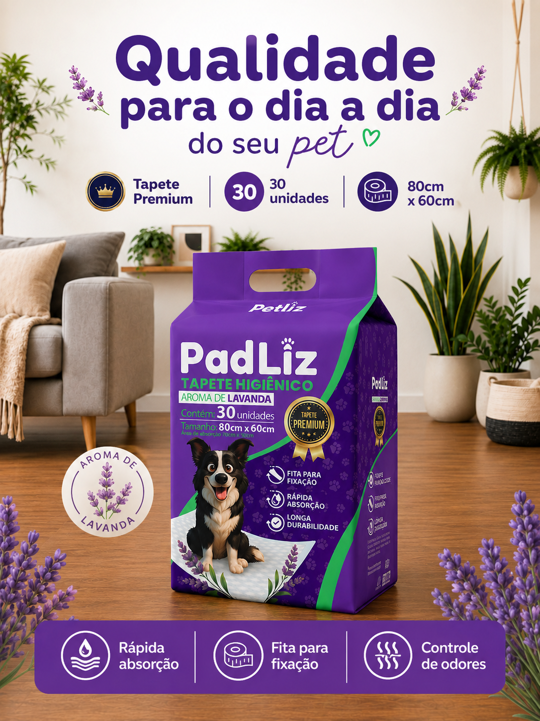 Tapete Higiênico Petliz PadLiz Premium Lavanda 80x60cm – 30 Unidades - Imagem 3