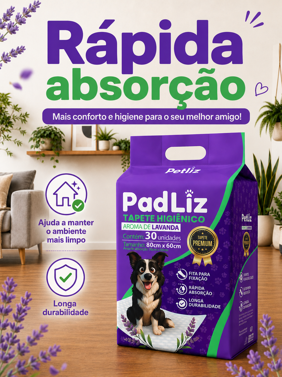 Tapete Higiênico Petliz PadLiz Premium Lavanda 80x60cm – 30 Unidades - Imagem 4