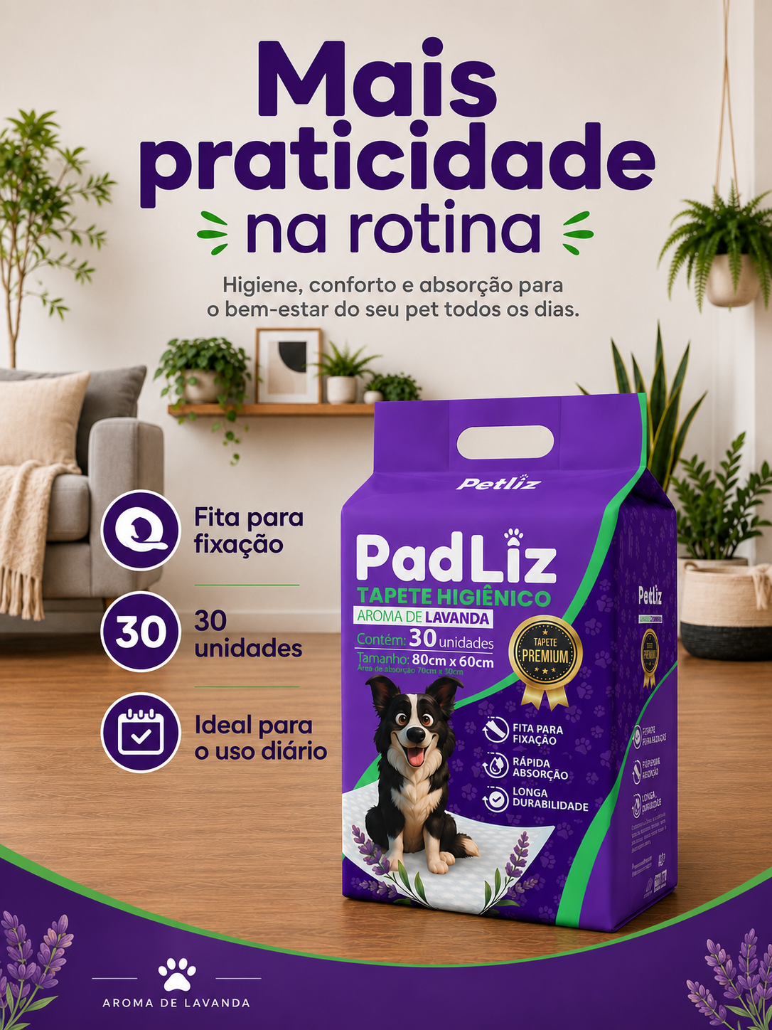 Tapete Higiênico Petliz PadLiz Premium Lavanda 80x60cm – 30 Unidades - Imagem 5