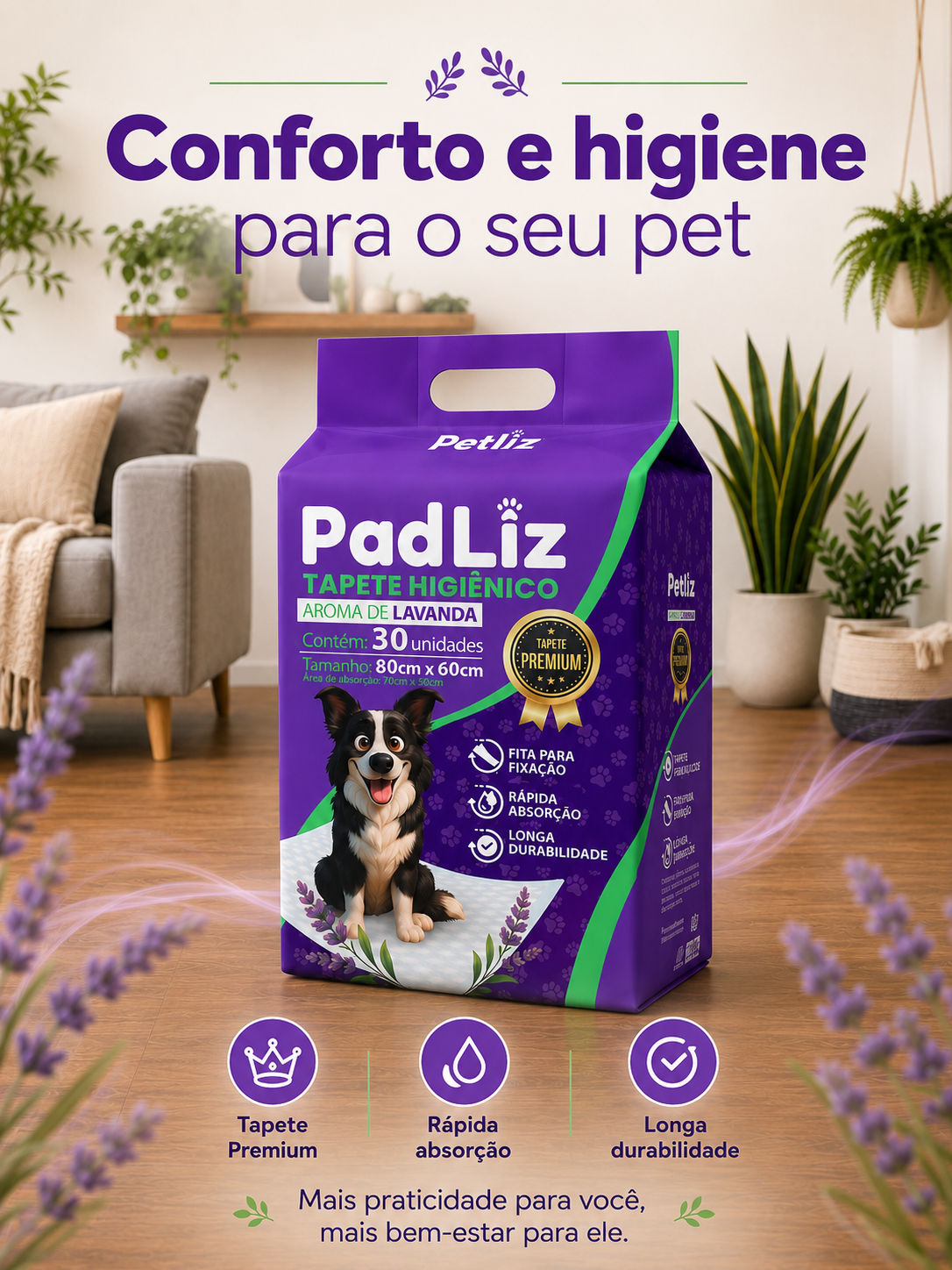 Tapete Higiênico Petliz PadLiz Premium Lavanda 80x60cm – 30 Unidades - Imagem 6
