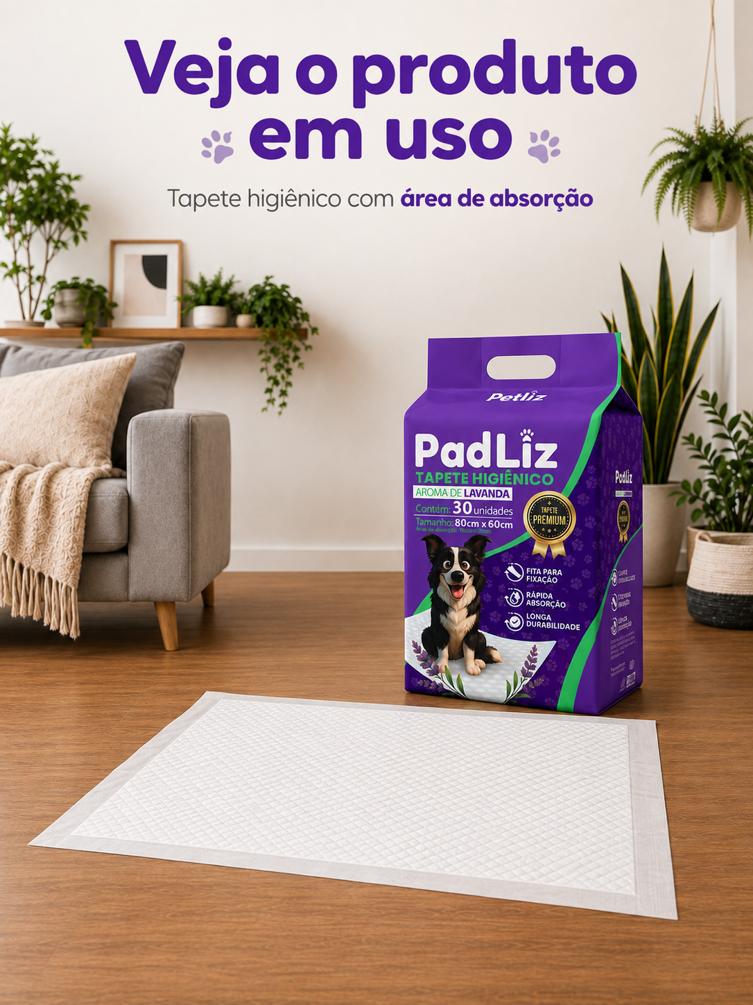 Tapete Higiênico Petliz PadLiz Premium Lavanda 80x60cm – 30 Unidades - Imagem 2