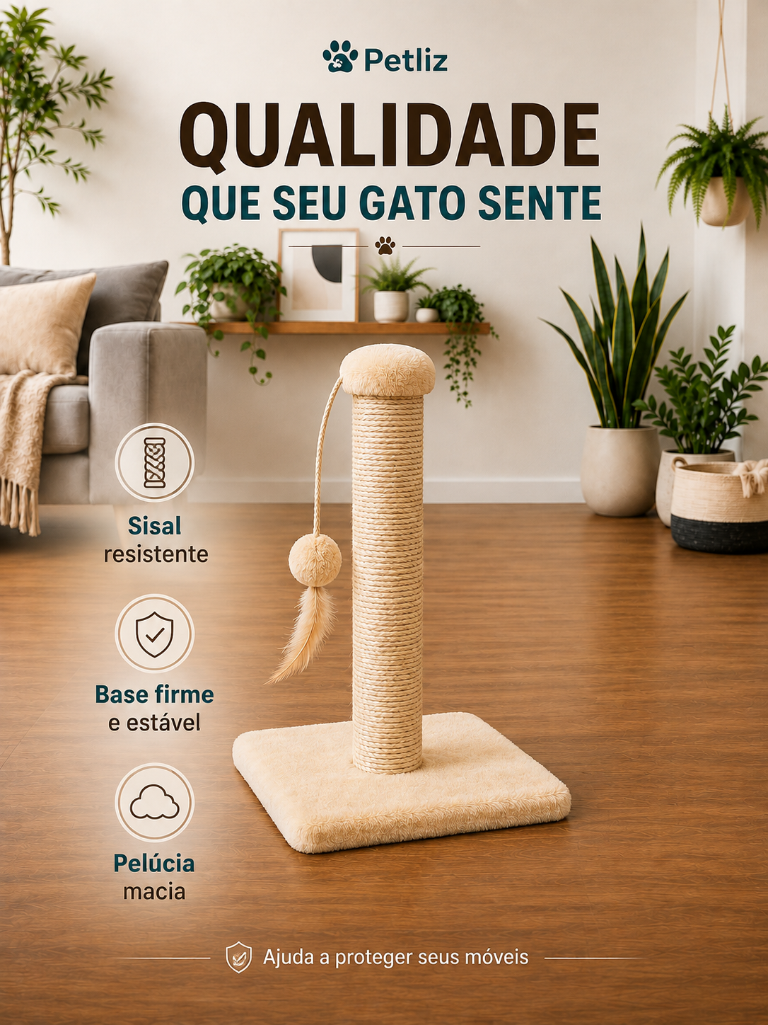 Arranhador para Gatos 1 Base Quadrada com Poste de Sisal e Brinquedo - Imagem 3