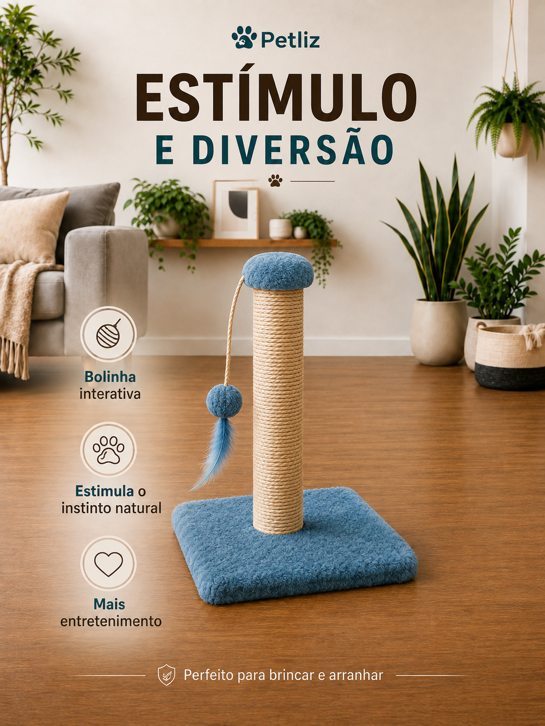 Arranhador para Gatos 1 Base Quadrada com Poste de Sisal e Brinquedo - Imagem 4