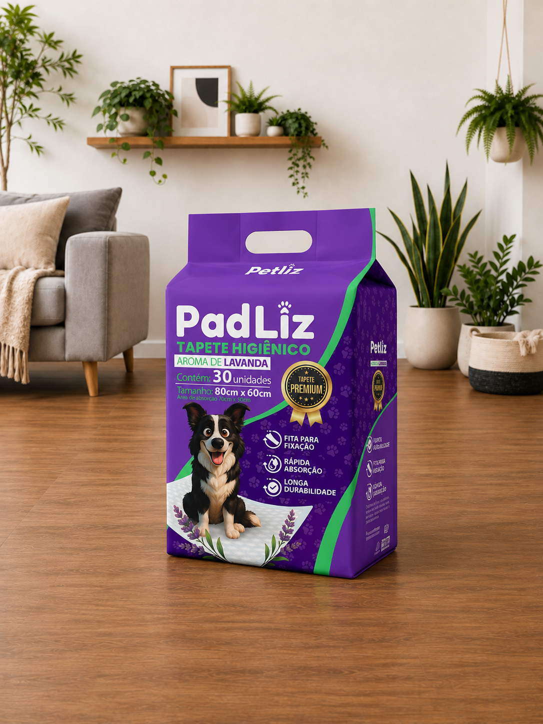 Tapete Higiênico Petliz PadLiz Premium Lavanda 80x60cm – 30 Unidades