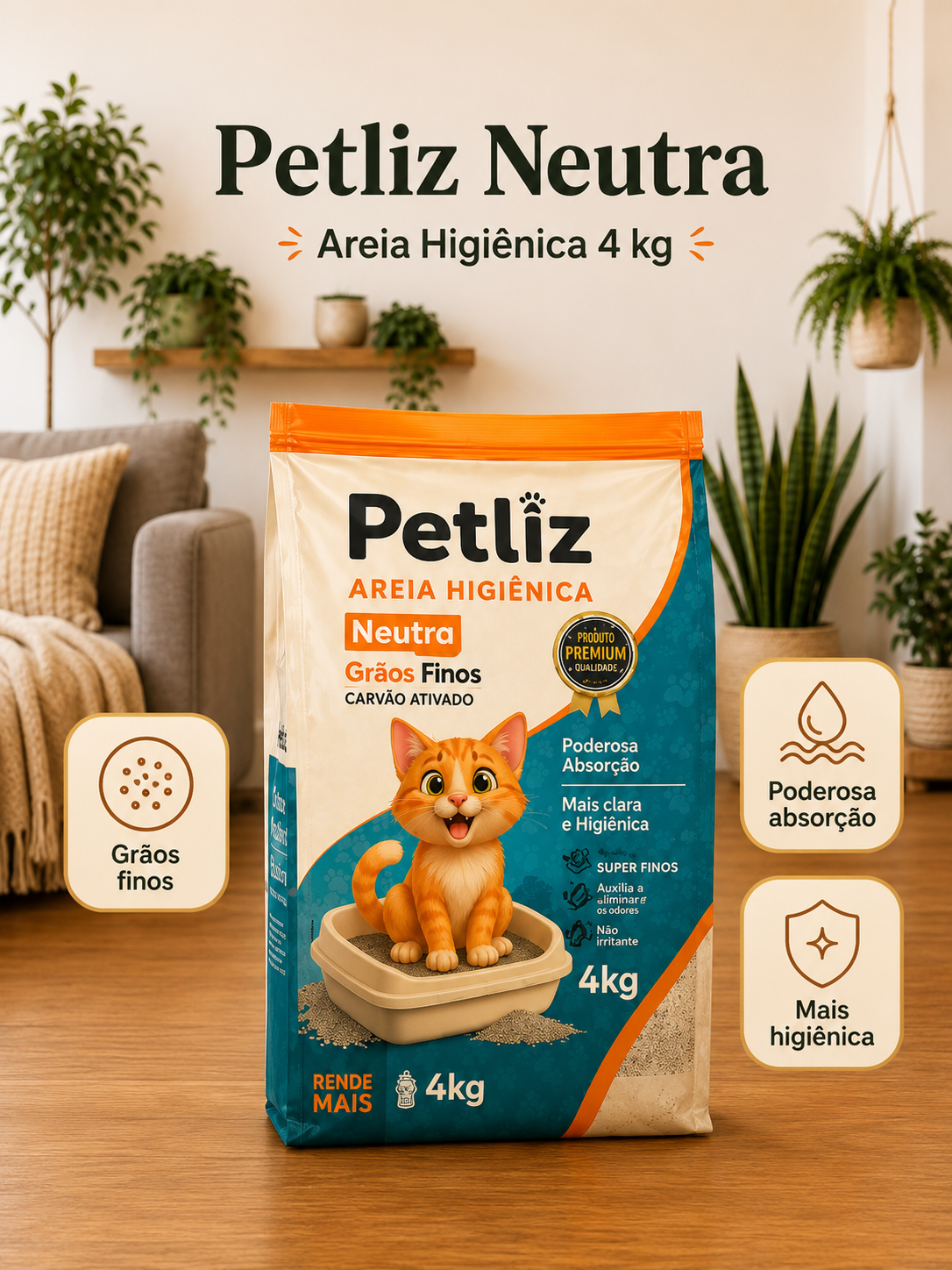 Areia Petliz Neutra Grãos Finos 4kg - Imagem 3
