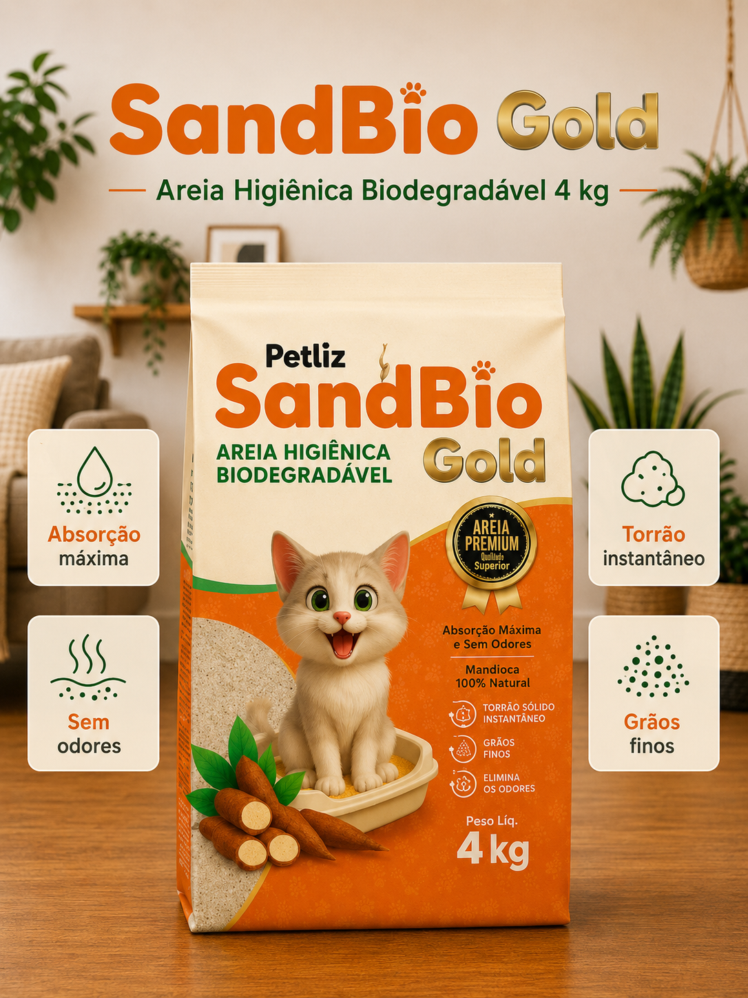 Areia Petliz SandBio Gold Mandioca 4kg - Imagem 2